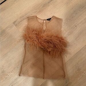 The Bar Sheer Feather Trim Tank Top - Camel Brown